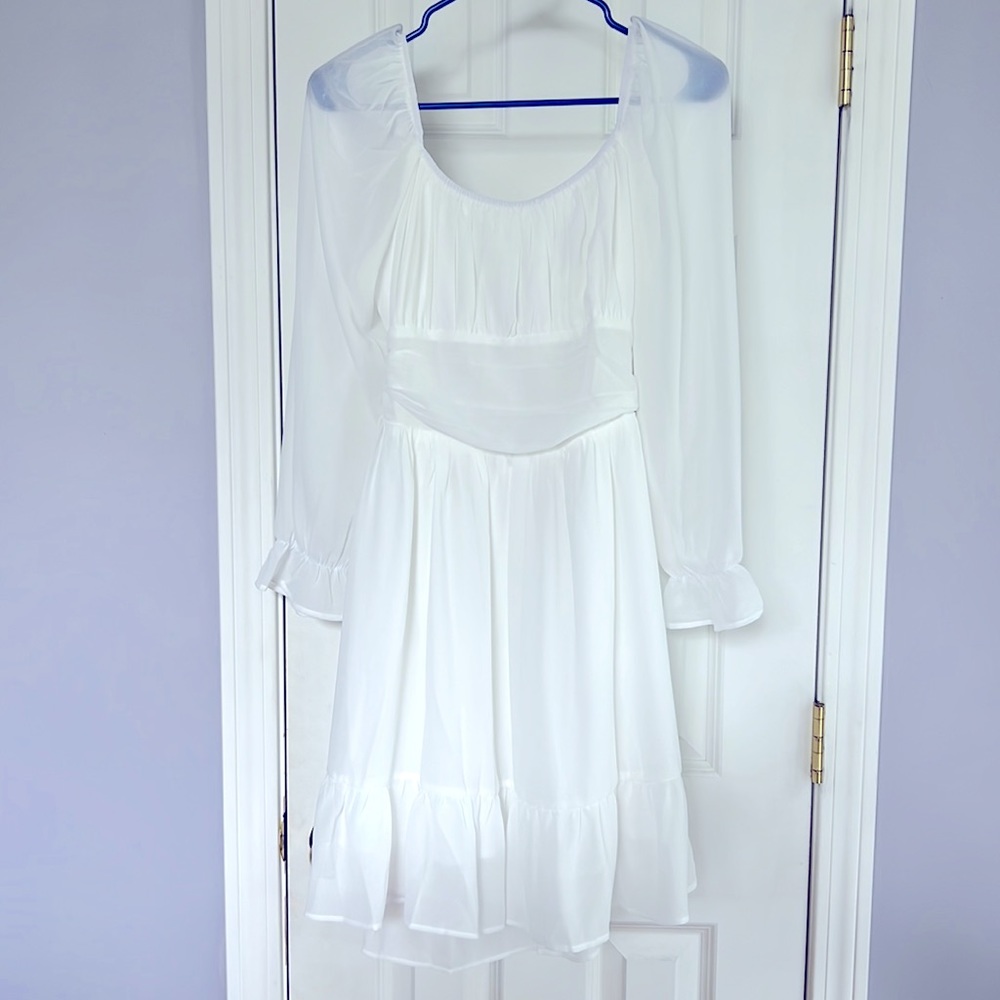NWT White Ruffle Dress Elastic Waist, Neckline, Sleeves. Sheer Parts